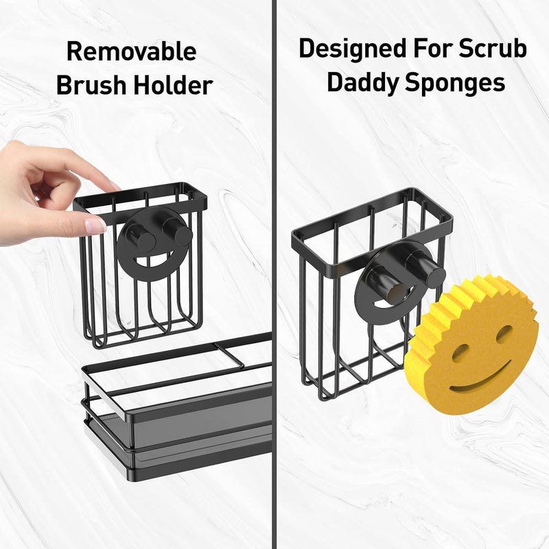 Moforoco Kitchen Dish Soap Dispenser Set, 16OZ Glass Bottle, Hand and Dish Soap Dispenser Set, Instant Dry Tray, Non-Slip Silicone Pad, Brush Holder with Smiley Face Sponge Holder（Black） - Image 4